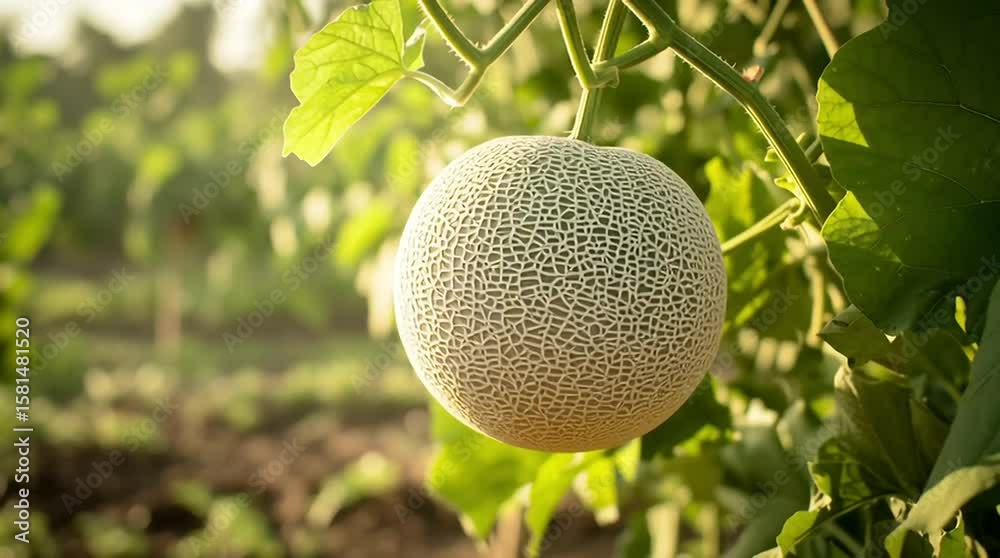 Close up of a ripe cantaloupe melon growing on the vine in a sunlit field with soft green foliage in the background