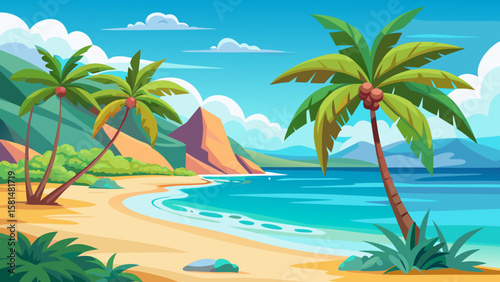 Vibrant tropical beach scene with palm trees turquoise ocean and mountains