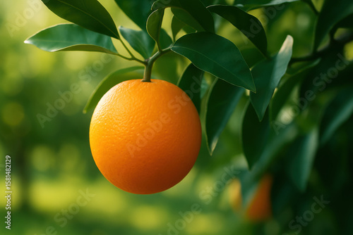 Ripe orange hangs gracefully from lush green tree, basking in warm sunlight. vibrant color and natural setting evoke sense of freshness and vitality