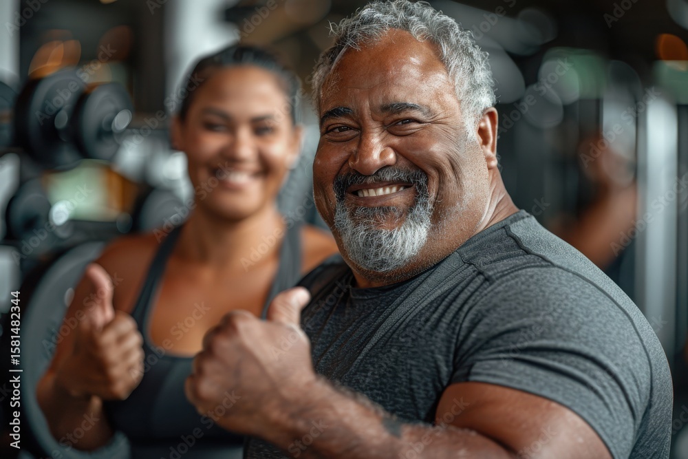 Overweight Man and Woman Encouraging Each Other with Thumbs Up in Gym Setting Overweight Man and Woman Encouraging Each Other with Thumbs Up in Gym Setting