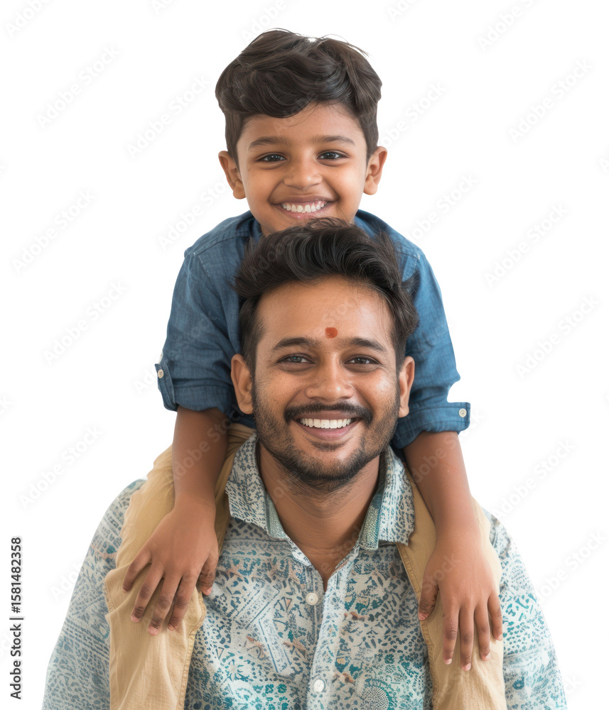 Fototapeta premium PNG Standing Smiling Indian father piggyback little boy portrait smiling happy.
