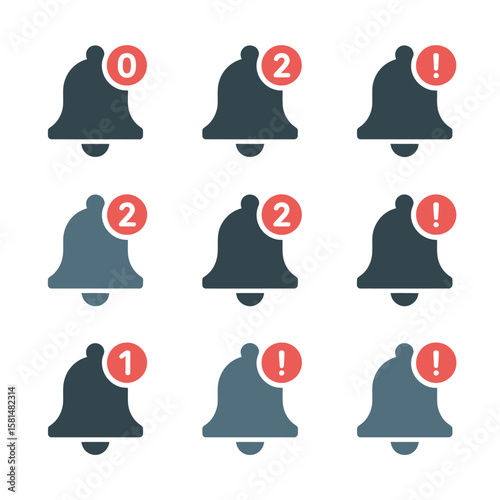 Collection of notification bell icons with unread message counts and alerts