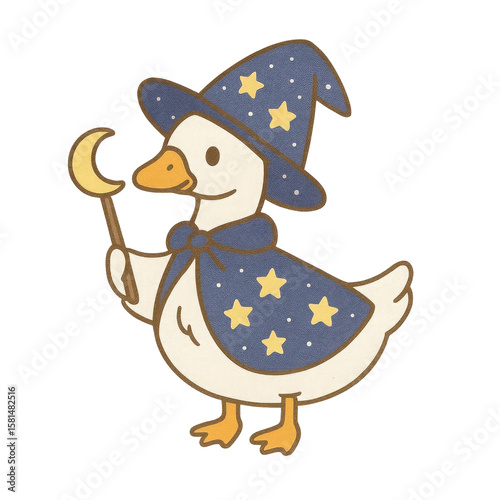 A cute duck dressed as a wizard, wearing a starry hat and cape, holding a crescent moon wand.