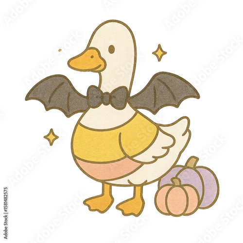A cartoon duck with bat wings, wearing a bow tie and a striped sweater, standing next to two pumpkins with sparkles around it.