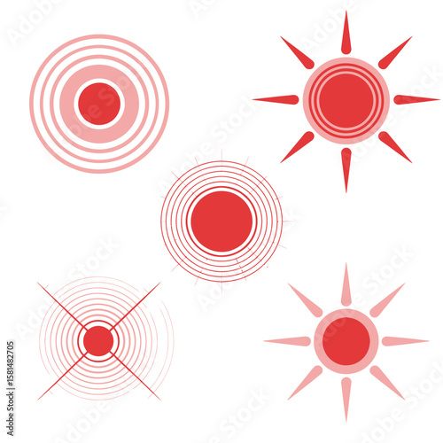 Set of red pain spot symbols and sunburst icons on white background