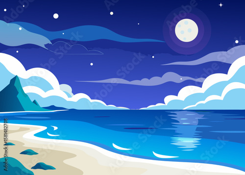 Serene night beach scene with a full moon and calm ocean waves