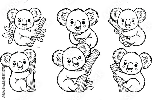 Cute cartoon koalas clinging to eucalyptus branches in a playful arrangement