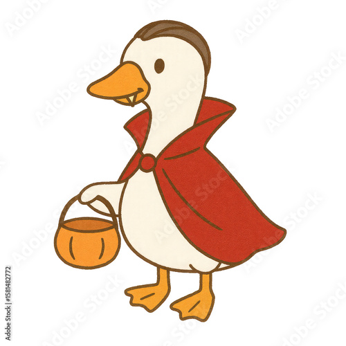 A cartoon duck dressed as a vampire, wearing a red cape and holding a pumpkin-shaped basket.