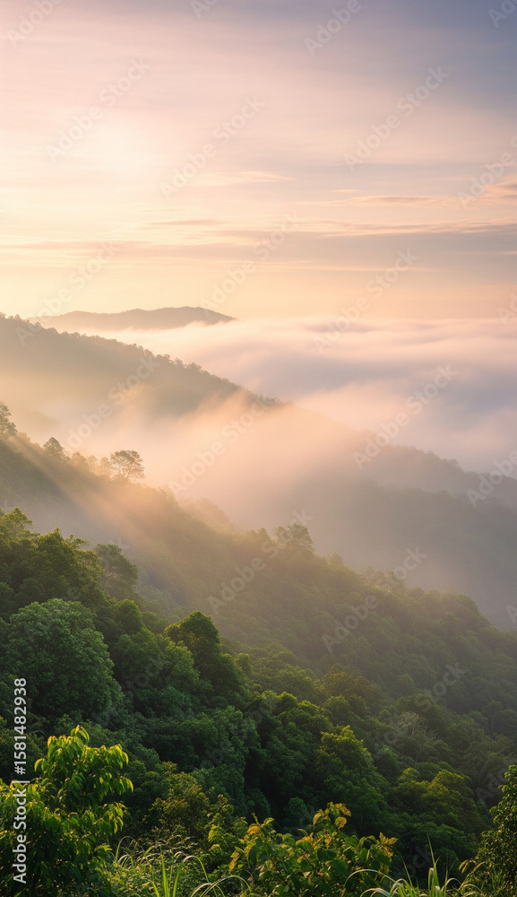 Obraz premium Misty morning sunrise over lush green mountains with sunrays piercing through the fog. Peaceful nature landscape.