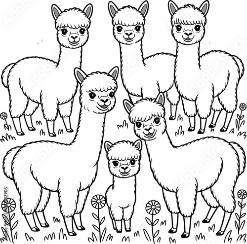Cute cartoon alpacas in a field with flowers black and white illustration