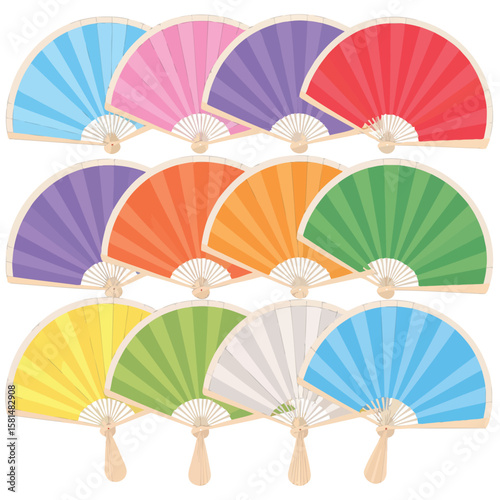Collection of colorful folding fans arranged in rows on a white background