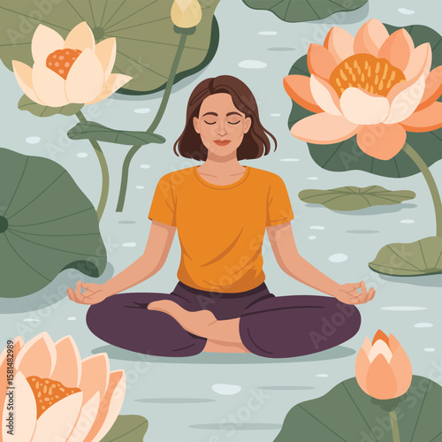 Woman meditating peacefully in a lotus pond surrounded by blooming water lilies