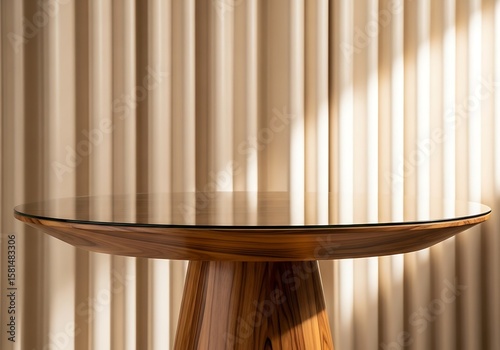 Elegant Round Glass-Top Wooden Table Sits In Front Of A Modern Fluted Wall, Bathed In Warm Sunlight That Creates Highlights And Shadows, Luxury Interior Design, Product Display Background