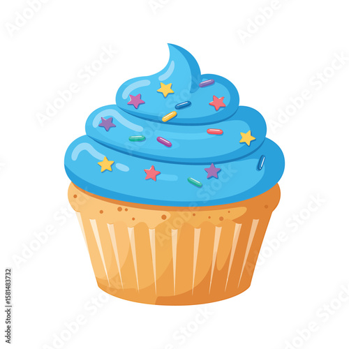 A cartoon blue cupcake with sprinkles is isolated on white background