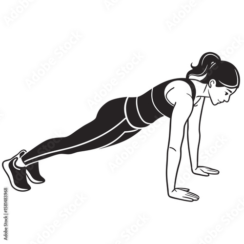Stylized black and white illustration of a woman performing a plank exercise focusing on core strength and fitness