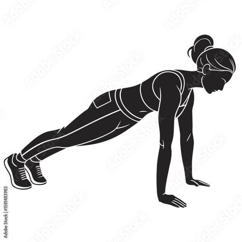 Stylized silhouette of a woman performing a plank exercise in athletic wear on a white background