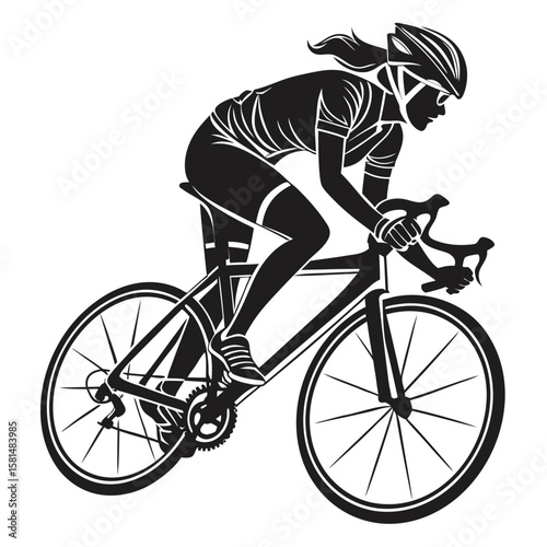 Dynamic silhouette of a female cyclist in full gear riding a road bicycle with intense focus