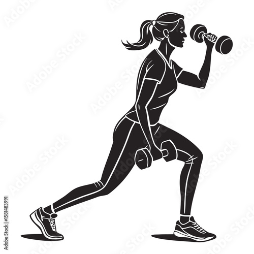 Silhouette of a fit woman performing a lunge exercise with dumbbells for a strong and healthy workout routine