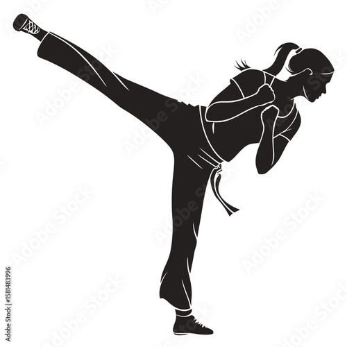 Silhouette of a woman performing a high side kick in martial arts training with her hair tied back