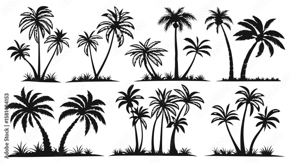 Fototapeta premium Collection of diverse black silhouette palm trees with grassy bases on a clean white background