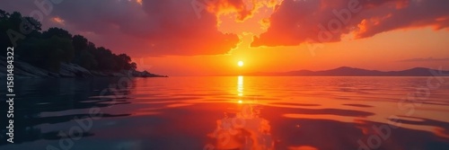 Fiery orange sunset reflected on gently moving water surface , horizon, texture, sunset