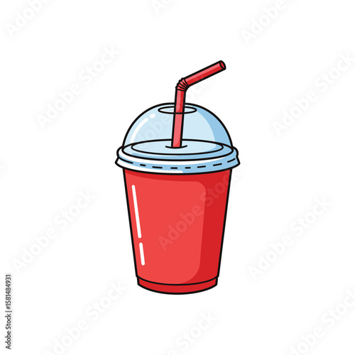 A red soda drink in a clear plastic cup with a straw, isolated on white background