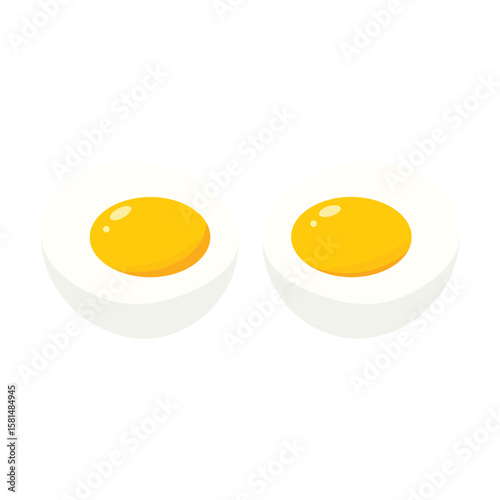 Two halved boiled eggs with bright yellow yolks are isolated on white background