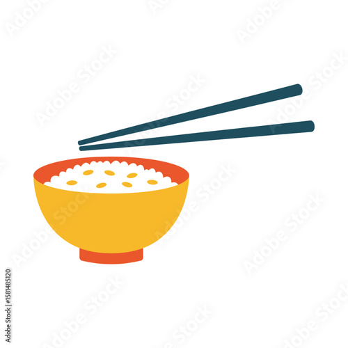 A bowl of rice with chopsticks resting on top is isolated on white background