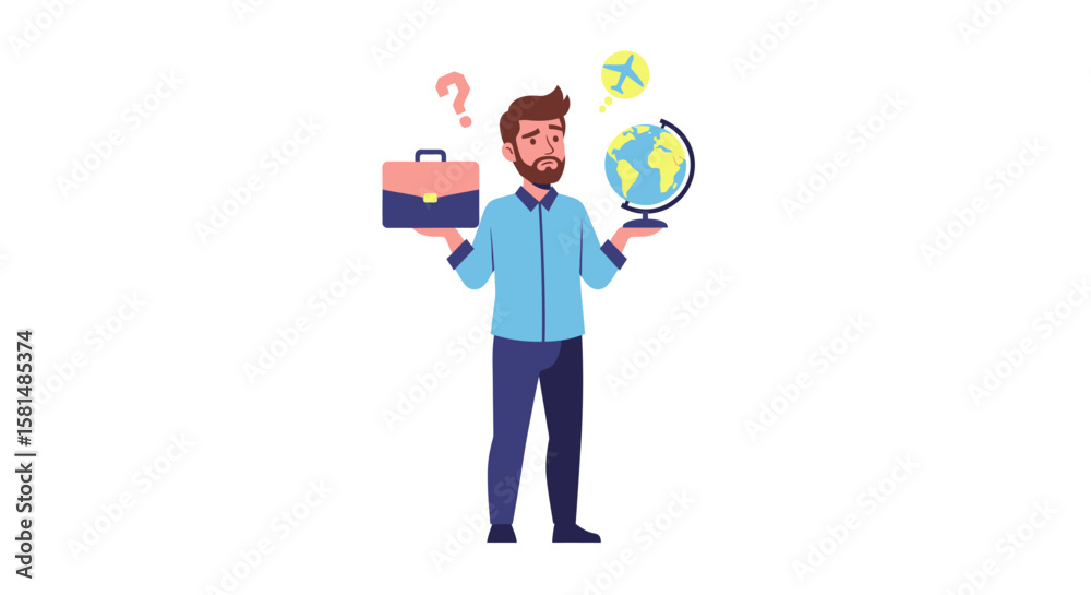 Businessman Balancing Briefcase and Globe Contemplating Travel or Work. Businessman Balancing Briefcase and Globe Contemplating Travel or Work.