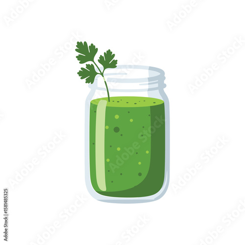 A refreshing green smoothie in a mason jar with a sprig of parsley, isolated on white background