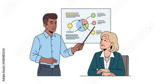 Business Presentation Man in Light Blue Shirt Using Pointer to Explain Pie Chart and Data to Attentive Woman in Teal Suit.