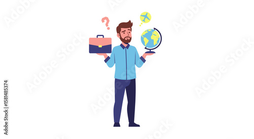 Businessman Balancing Briefcase and Globe Contemplating Travel or Work.