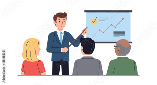 Businessman Giving Presentation with Upward Trending Graph Three Attendees.