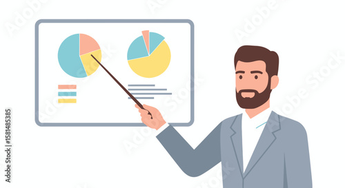 Businessman Presenting Pie Charts with Pointer Explaining Data Analysis.