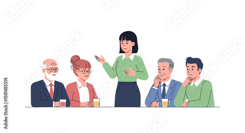Diverse Group of Adults in Business Meeting Animated Style Formal Attire Engaging in Discussion.