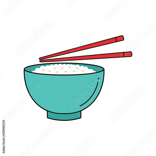 A bowl of white rice with chopsticks isolated on white background