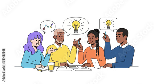 Diverse Team Brainstorming with Idea Lightbulb Icons.