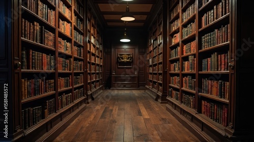 A long hallway lined with dark wooden bookshelves filled with aged books.
