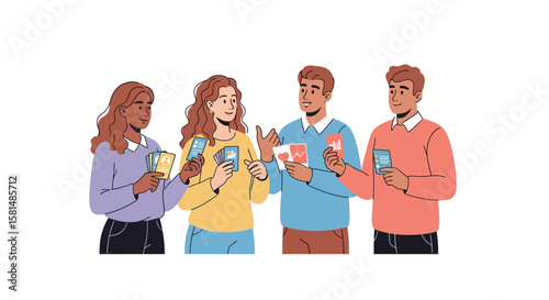 Group of Four Diverse People Playing Cards Smiling and Engaging.