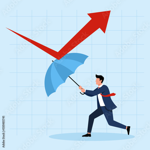 Illustration of a businessman using an umbrella to deflect a volatile market arrow, symbolizing risk protection and crisis management.