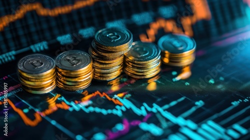 A stack of coins on a digital stock market graph.