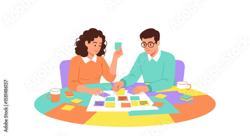 Two people brainstorming with colorful sticky notes on a round table.
