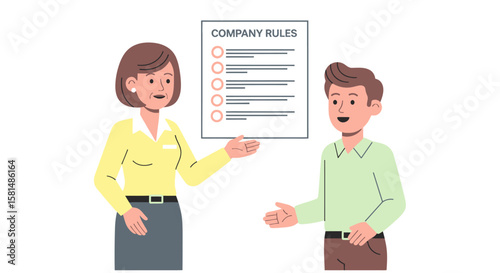 Woman explaining company rules to a male colleague illustrated presentation with checklist.