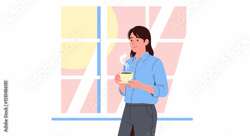 Woman Holding Steaming Coffee Cup Near Window Wearing Blue Shirt.