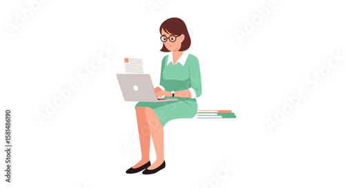 Woman in Green Dress Working on Laptop with Documents and Books.