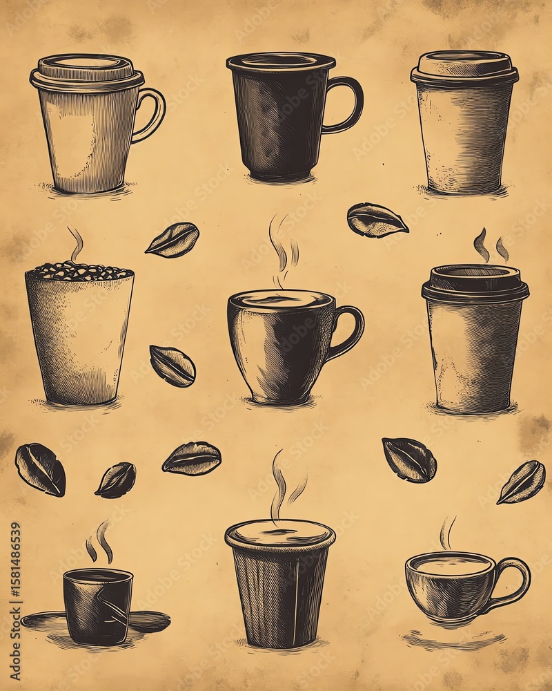Obraz premium Artistic coffee cup illustrations on textured background.
