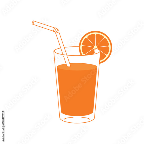 A refreshing glass of orange juice with a straw and orange slice, isolated on white background