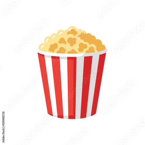 A red and white striped bucket overflowing with delicious, buttery popcorn, perfect for a movie night, isolated on white background