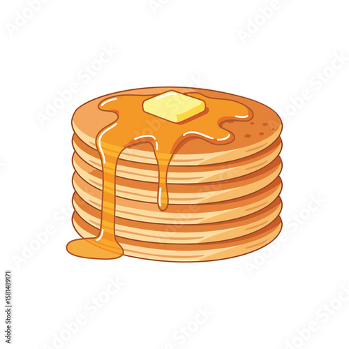 A stack of golden pancakes topped with melting butter and dripping syrup isolated on white background