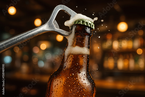 a beer bottle with foam spilling from the top as it is being opened using a metal bottle opener.